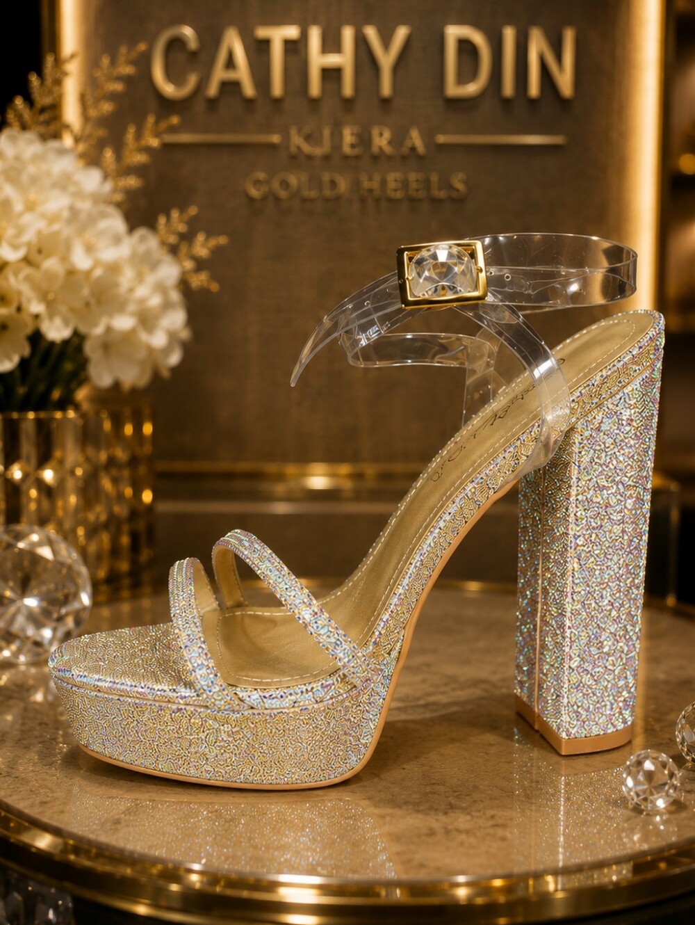 Cathy Din “Kiera” Sparkling Gold Platform Heels – Size 7.5